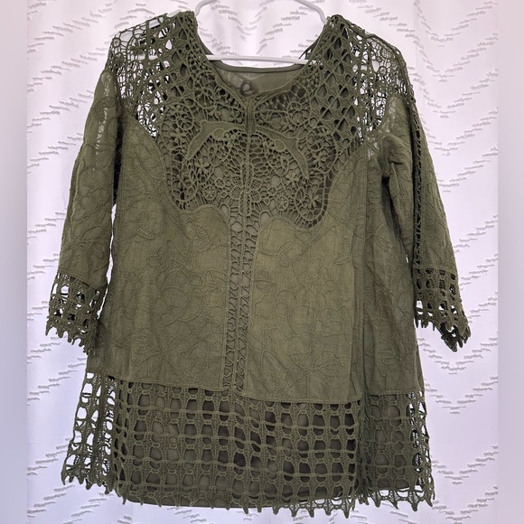 Indigo Thread Co Tops - Indigo Thread Co. Olive Crochet Women's Tunic